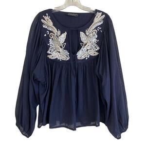 All Saints Sz 8 Dana Top Boho Beaded Peasanst Blouse Tie Neck Black Cream Cotton